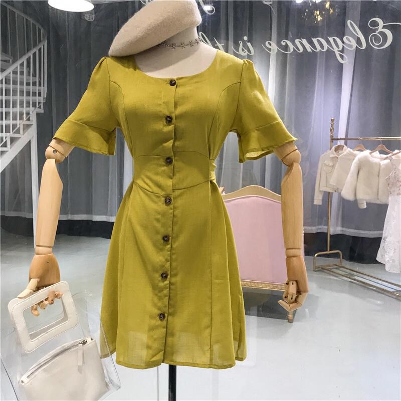 圆领单排扣2018夏季复古法式少女牛油果色荷叶袖连衣裙夏图片色