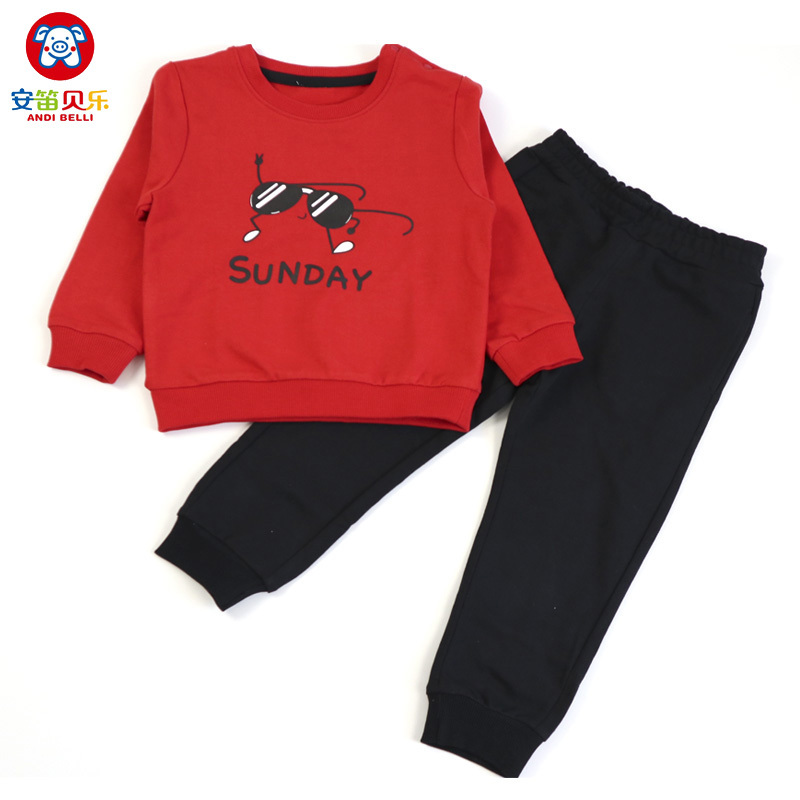 安笛贝乐品牌儿童通用男女童新款春秋套头装套装中小童纯棉运动卫衣春秋红色上衣黑色长裤两件套80-120cm