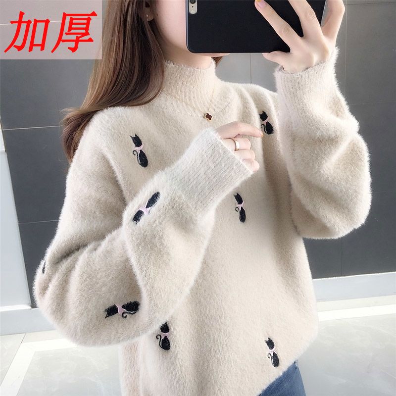 毛衣女半高领秋冬2023新款韩版绣花宽松内搭加厚针织打底衫高清大图