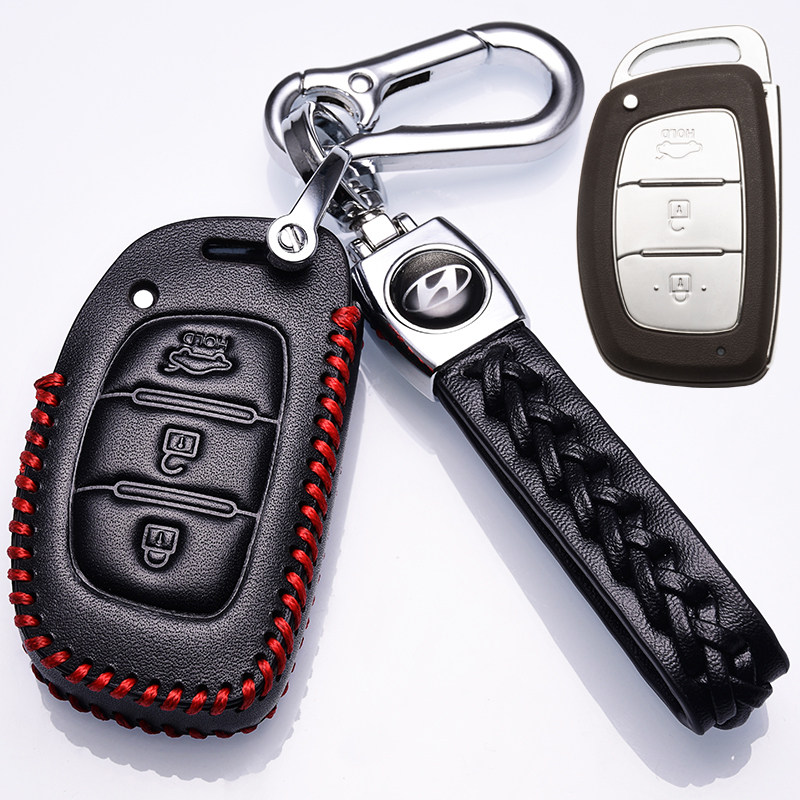 【补贴10%】北京现代途胜瑞纳真皮钥匙套专用悦动名图悦纳朗动领动汽车钥匙包汽车钥匙包 现代B款黑红色+绳扣