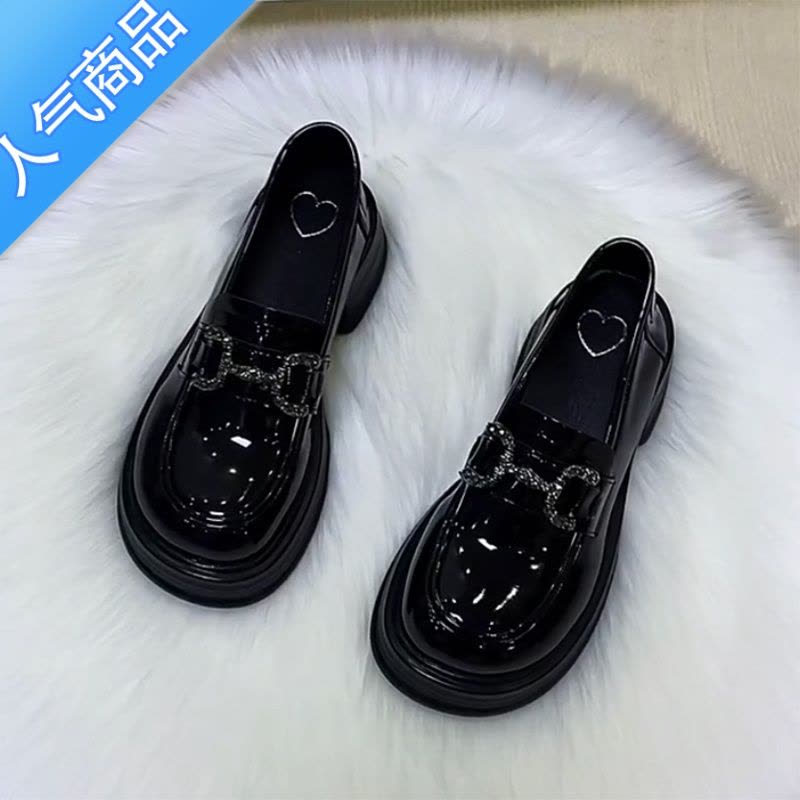 SUNTEK漆皮乐福鞋女2023春秋新款百搭松糕厚底小皮鞋增高软底小圆头单鞋图片