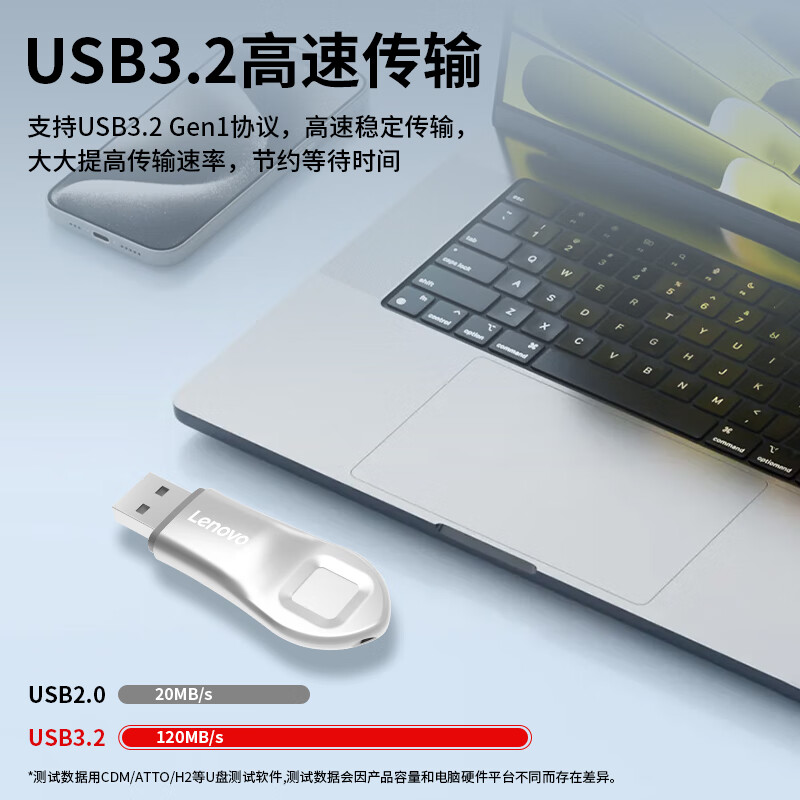 联想(Lenovo)32GUSB3.2指纹加密U盘防泄密商务学习办公娱乐优盘CF6系列指纹U盘银色高清大图