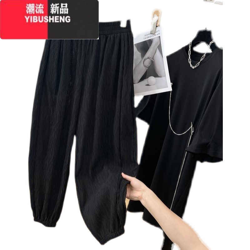 YIBUSHENG设计感压褶高级感松紧腰哈伦裤女季薄款休闲裤宽松九分裤子潮高清大图