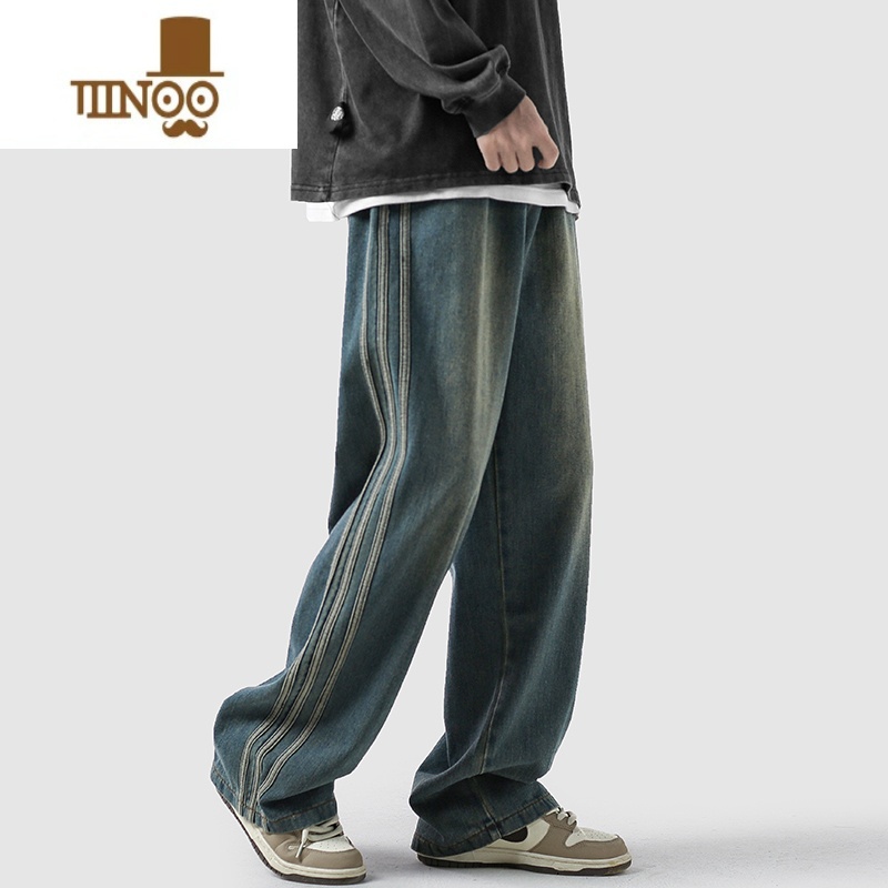 YANXU美式高街复古牛仔裤男潮牌做旧条纹休闲裤宽松直筒阔腿拖地筒高清大图