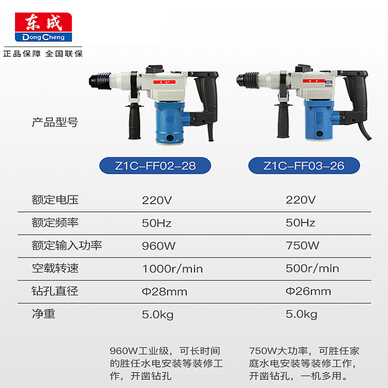 东成Dongcheng电锤家用多功能小型冲击钻东城电动工具大功率混凝土电捶电镐 [双用960W]02-28电锤镐钎套餐