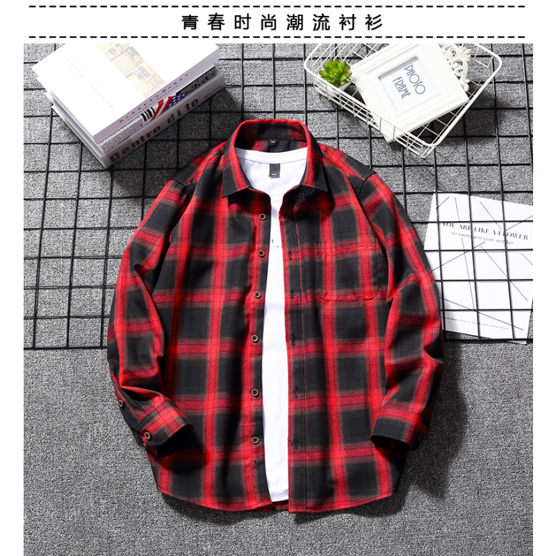 suntek大码格子衬衫男长袖宽松潮牌胖子加肥加大红色春秋外穿300斤