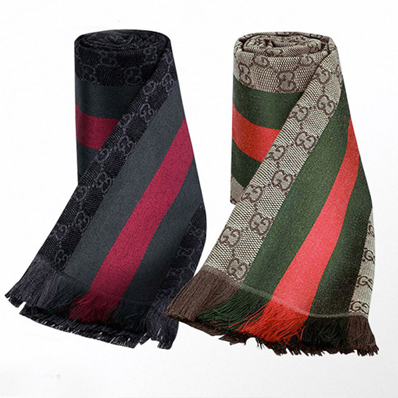 gucci 古驰 奢侈品男女同款棕色红绿条经典款羊毛真丝混纺围巾