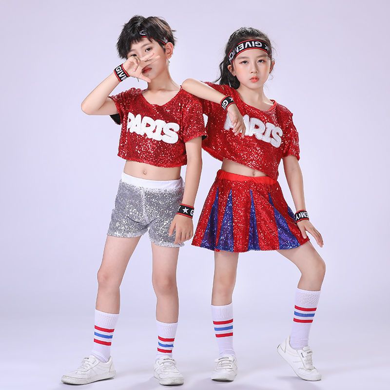 儿童爵士舞服套装漏脐亮片啦啦队啦啦操演出服装女童街舞现代舞服