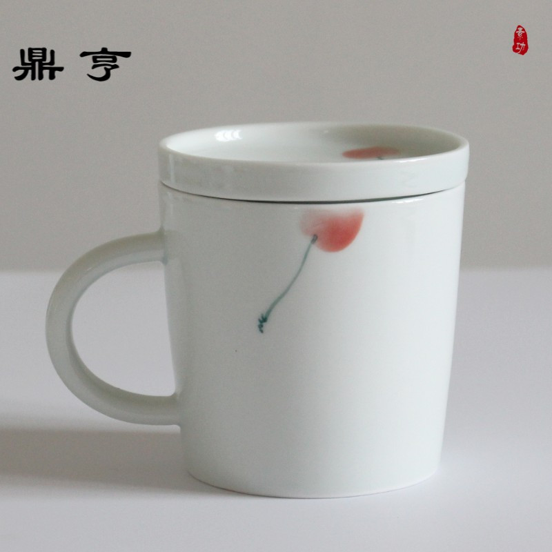 鼎亨景德镇手绘陶瓷马克杯高温陶瓷带盖勺咖啡杯创意早餐杯定制礼