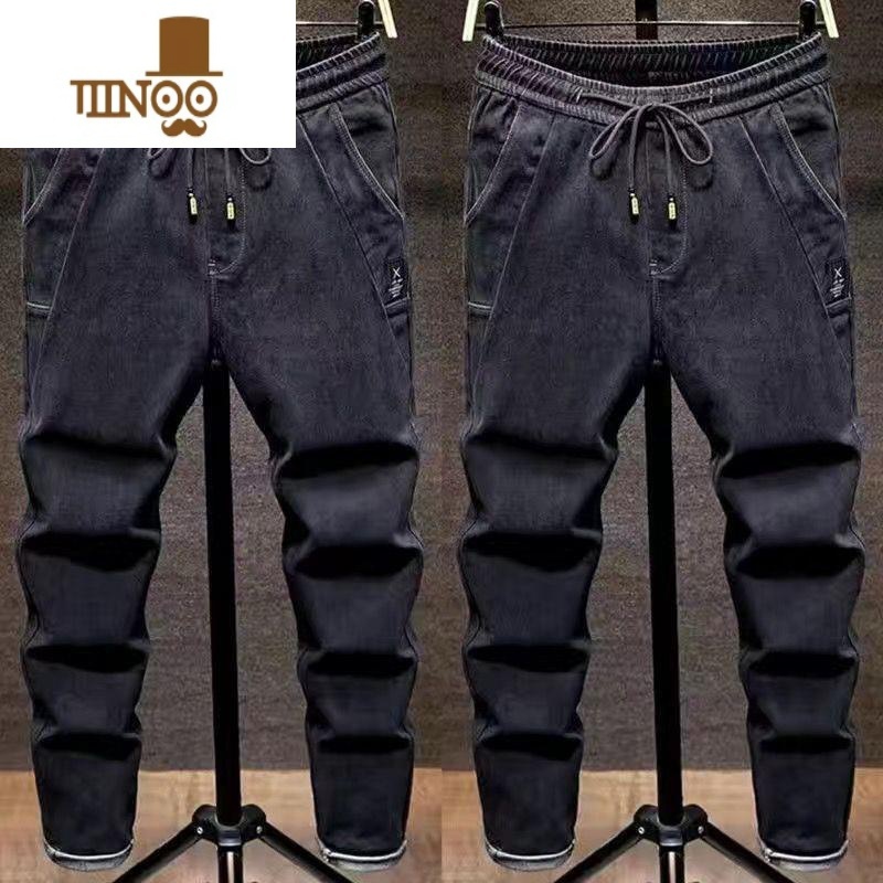 YANXU款松紧腰牛仔裤男宽松直筒弹力长裤子韩版百搭系带男士休闲休高清大图