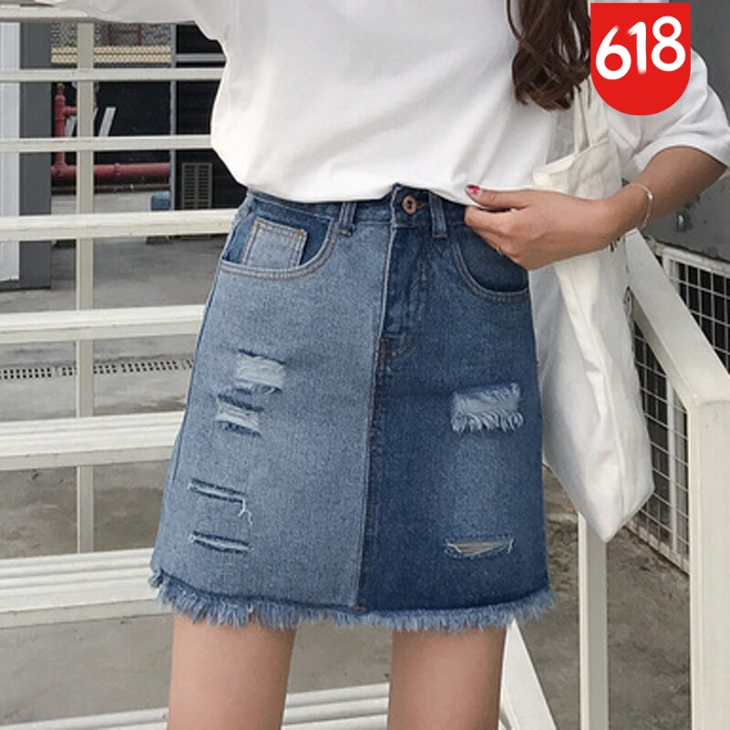 2018春季韩版破洞拼接拼色牛仔裙短裙A字裙半身裙女装学生图片色