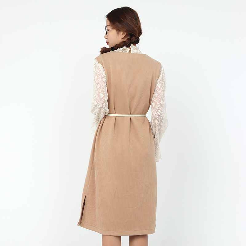 ENJOY’ME女装2019冬季新品清新文艺风系腰带蕾丝打底针织套装长裙