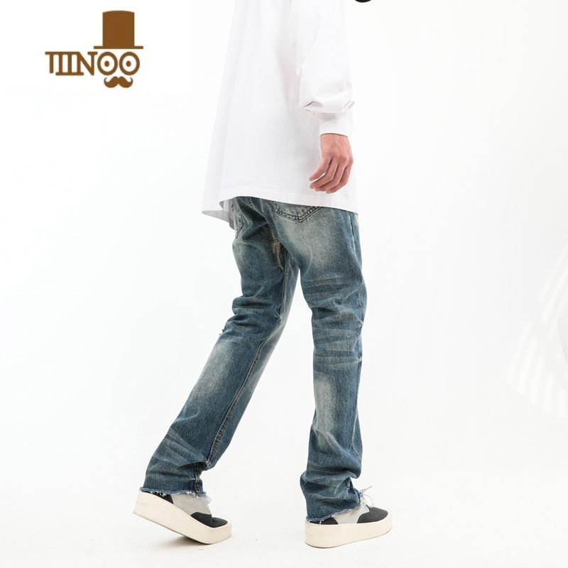 YANXU欧美复古水洗蓝色磨破毛边直筒牛仔裤潮牌高街裤子男显瘦坠感U裤高清大图