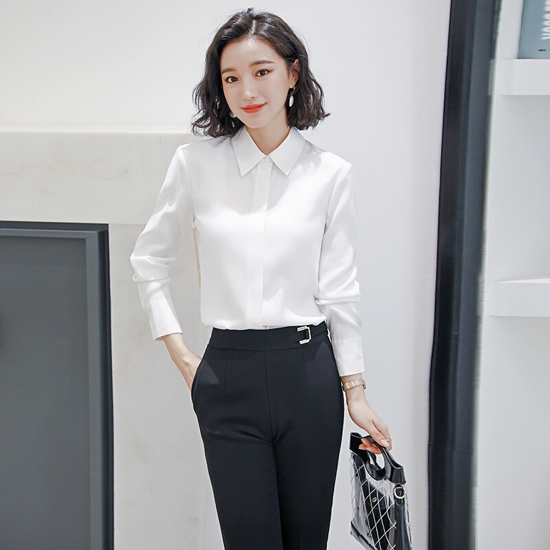 女长袖缎面洋气上衣2019秋季新款工作服ol通勤白色气质雪纺衬衣套装