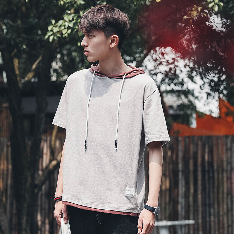 夏装学生连帽短袖t恤2018新款男装时尚韩版宽松圆领潮体恤带帽衫