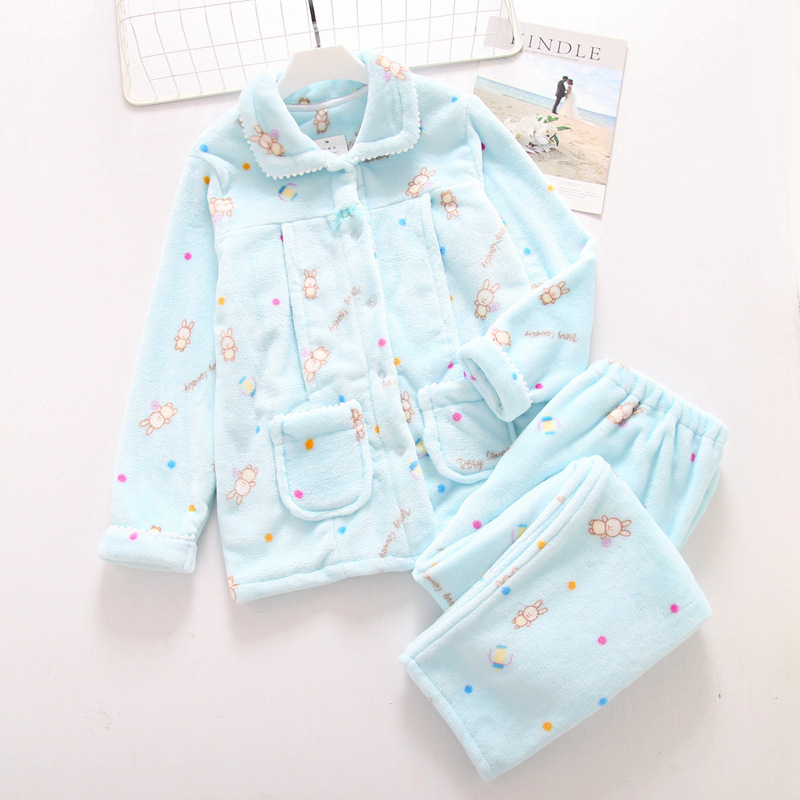 秋冬韩版兔子月子服产后加厚法兰绒哺乳衣喂奶家居服睡衣两件套装