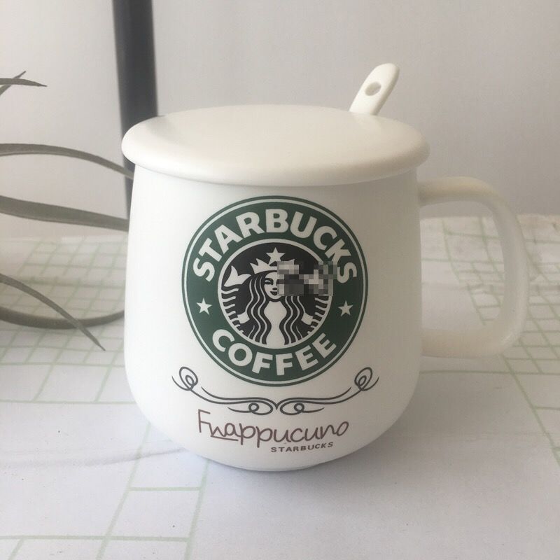 绿圈➕杯盖➕勺子 320ml 韩国陶瓷杯马克杯带勺带盖咖啡杯家用水杯情侣水杯