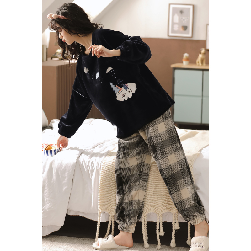 可莉允睡衣女秋冬珊瑚绒加厚保暖法兰绒可外穿家居服套装冬季2020年新款睡衣