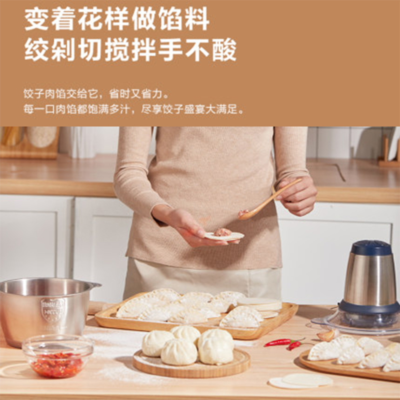 美的 绞肉机 家用 电动 不锈钢 小型 多功能 搅肉 料理机 搅拌机 碎菜 绞馅 2L250W电机,不锈钢机身,双档双速