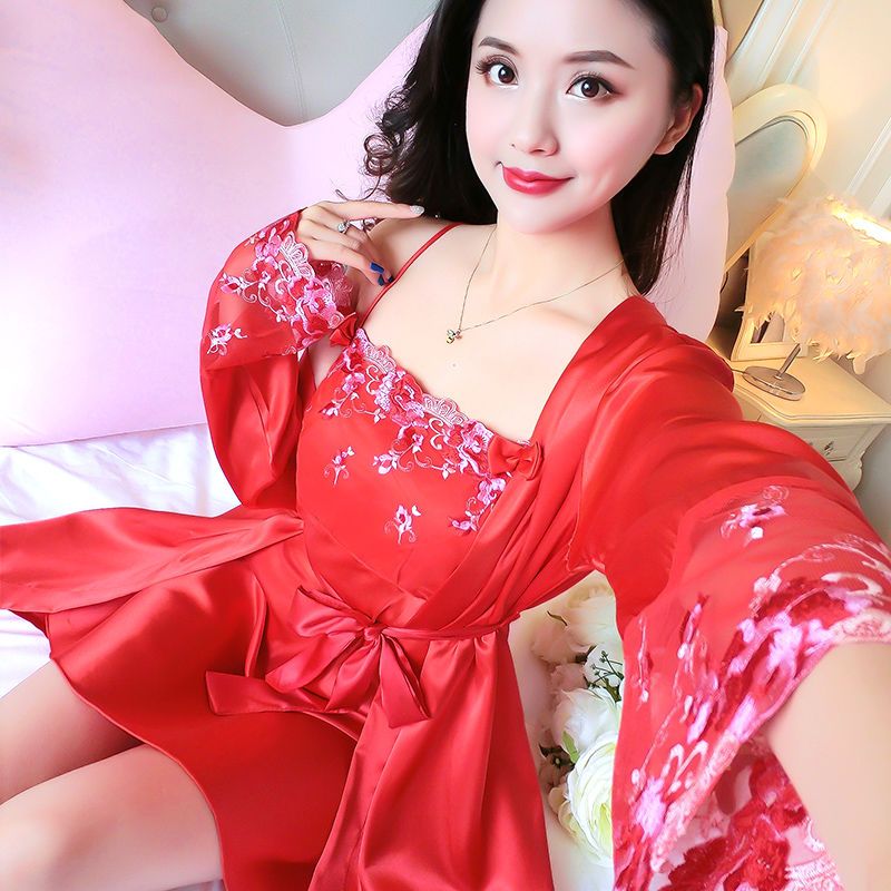 性感睡衣女春夏天仿真丝绸秋季吊带睡袍两件套家居服套装长袖睡裙woo6