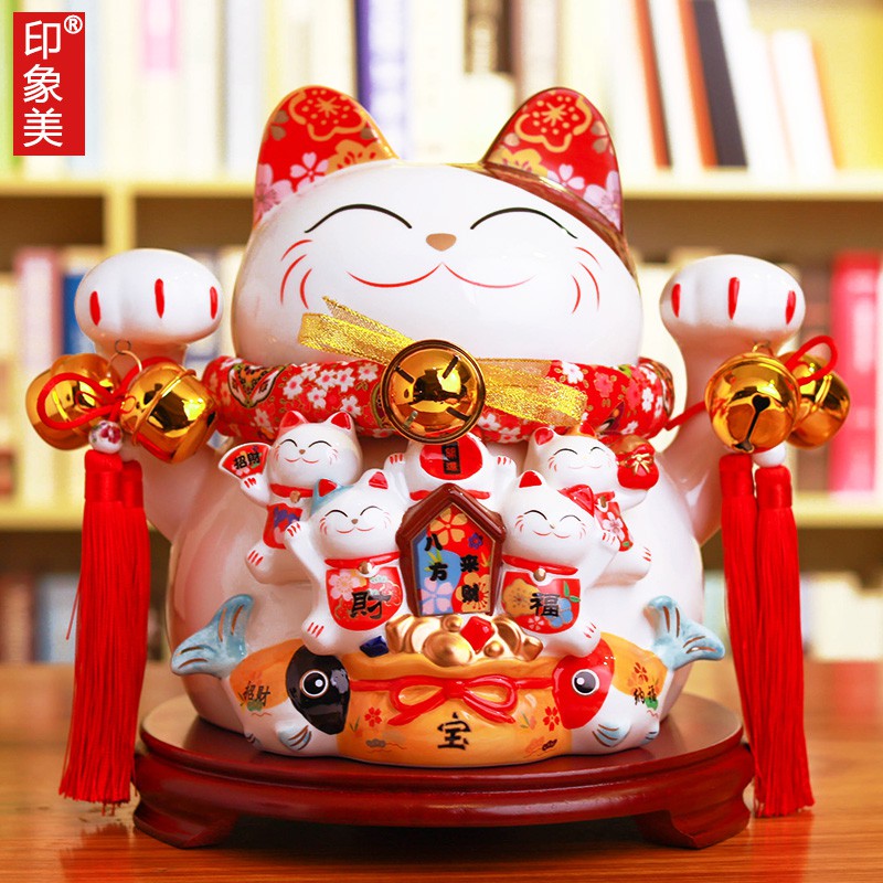 猫店铺开业礼品创意陶瓷家居摆件存钱储蓄罐12寸14寸 三维工匠 12寸八方来财碎花布垫猫高清大图