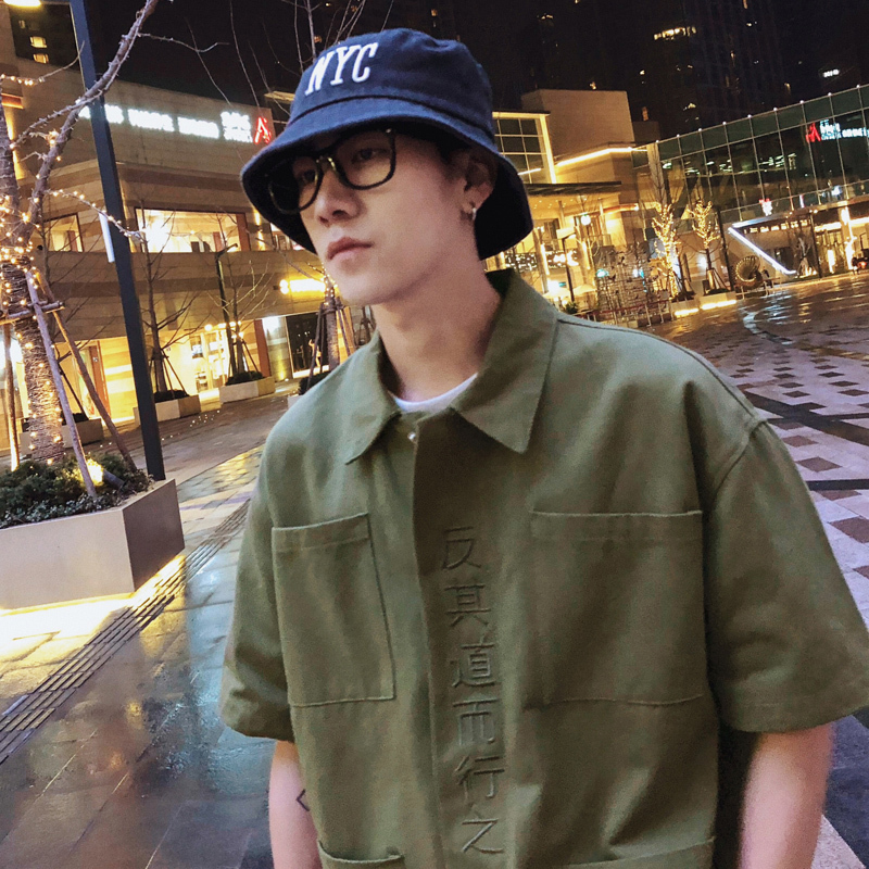 夏装潮男汉字中文刺绣衬衣男士多口袋短袖衬衫港风时尚帅气韩版潮