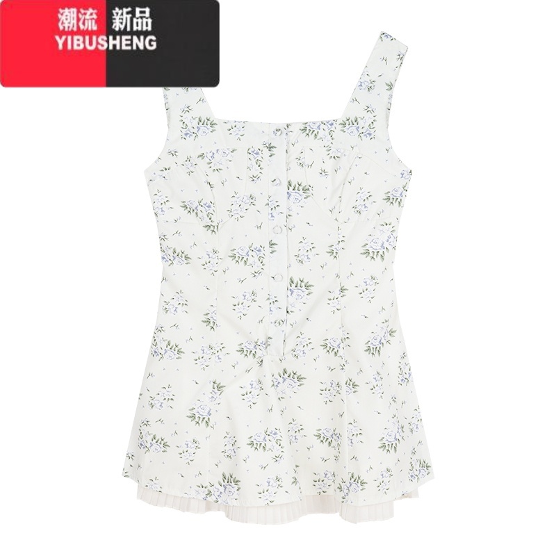 YIBUSHENG系带露背网纱拼接碎花吊带连衣裙女季甜美温柔风收腰a字短裙子