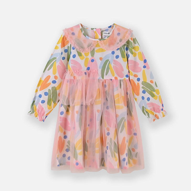 铅笔俱乐部2025年春装新品女童连衣裙儿童印花裙子中大童公主裙 140cm 新浅粉红