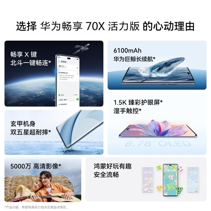 [全新]华为 畅享70X 活力版 256GB 冰晶蓝 支持北斗卫星消息 骁龙6s Gen3 巨鲸6100电池 40W高清大图