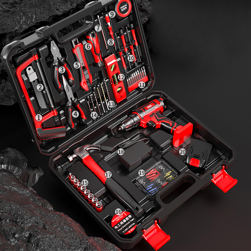 欧莱德工具组合套装家用电钻21v双速款万家福工具套装单电单位套视频