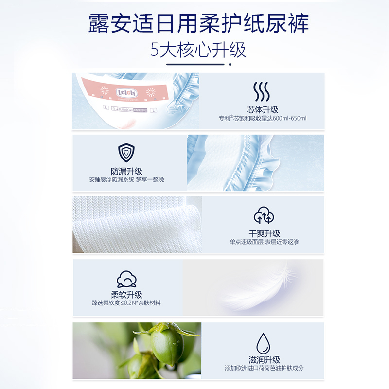 露安适/lelch高端氧护夜用纸尿裤婴儿XL码2P组合试用装超薄透气尿不湿非拉拉裤12-17kg适用