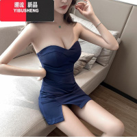 YIBUSHENG季时尚拼色高腰显瘦露背抹胸吊带连衣裙轻熟风开叉包臀礼服短叉 XL 蓝色8108抹胸款送肩带