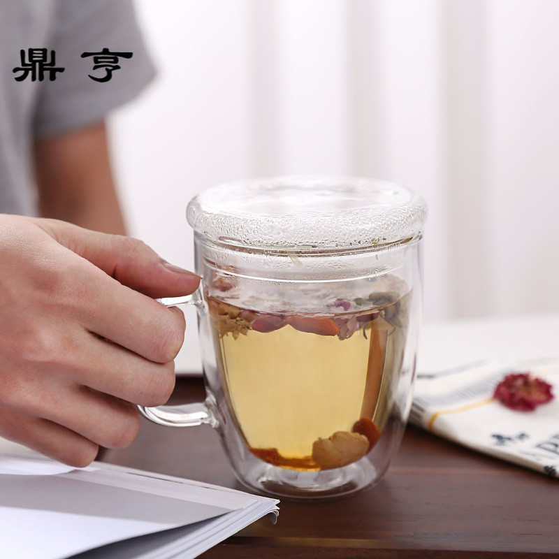 鼎亨加厚透明玻璃水杯带盖办公室杯家用花茶杯泡茶杯牛奶杯耐热茶