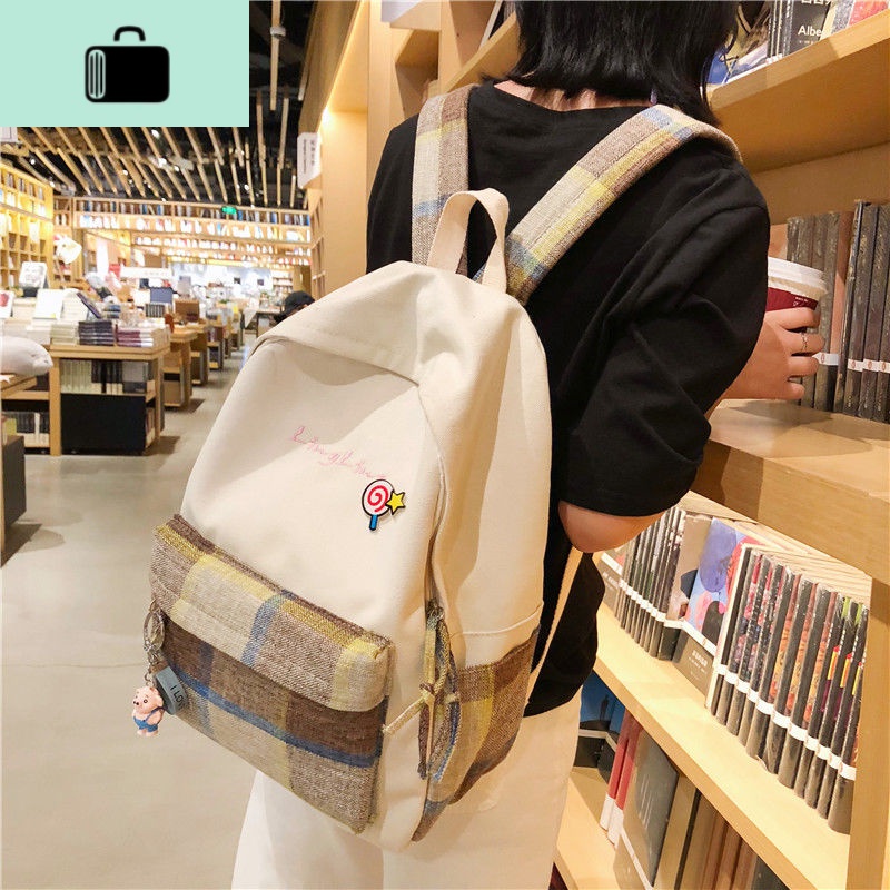 古着感少女书包女韩版高中ins风大学生校园背包格子双肩包女森系NEW LAKE高清大图
