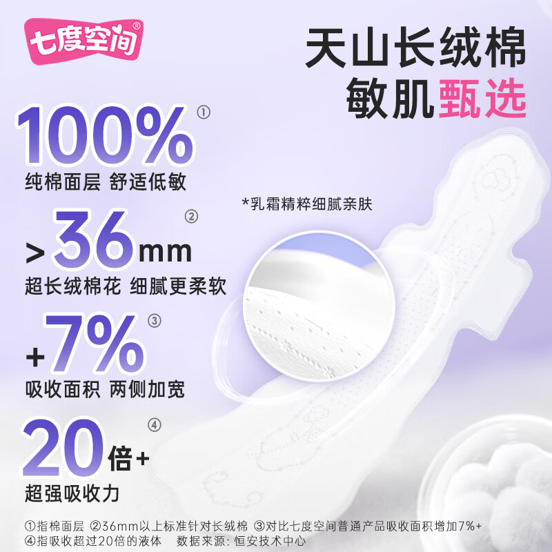 七度空间天山绒棉卫生巾极薄纯棉超长夜用姨妈巾420mm5片*5包高清大图
