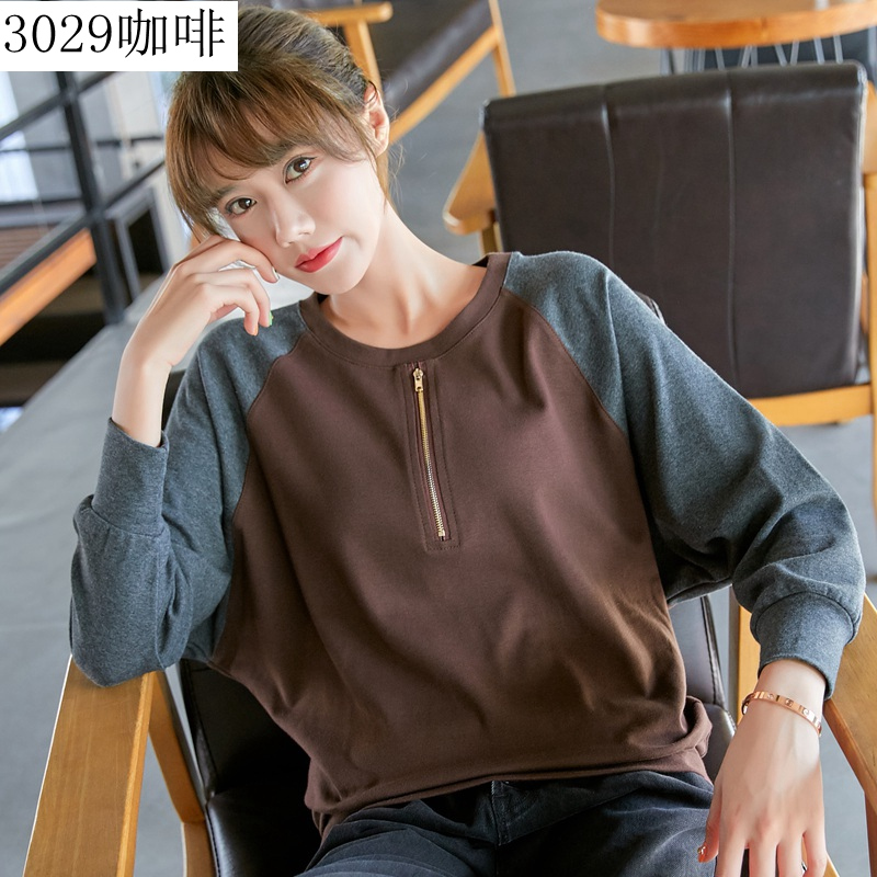 艳如飞棉打底衫春装新款长袖上衣拼接内搭大码女装圆领宽松蝙蝠衫t恤大码女装