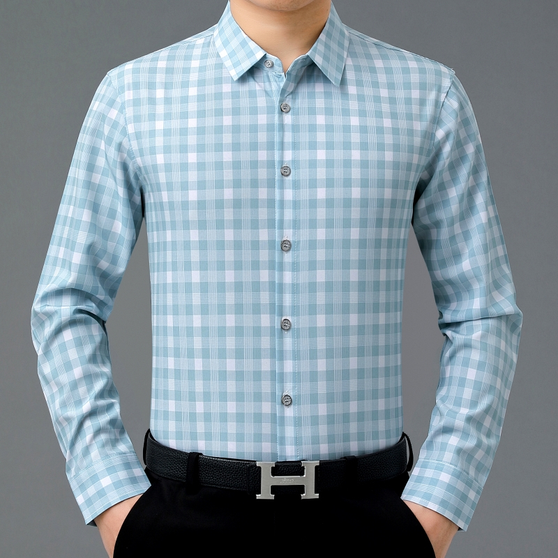 正品庄吉男士长袖衬衫休闲冰丝衬衣男桑蚕丝爸爸装中年宽松小方格