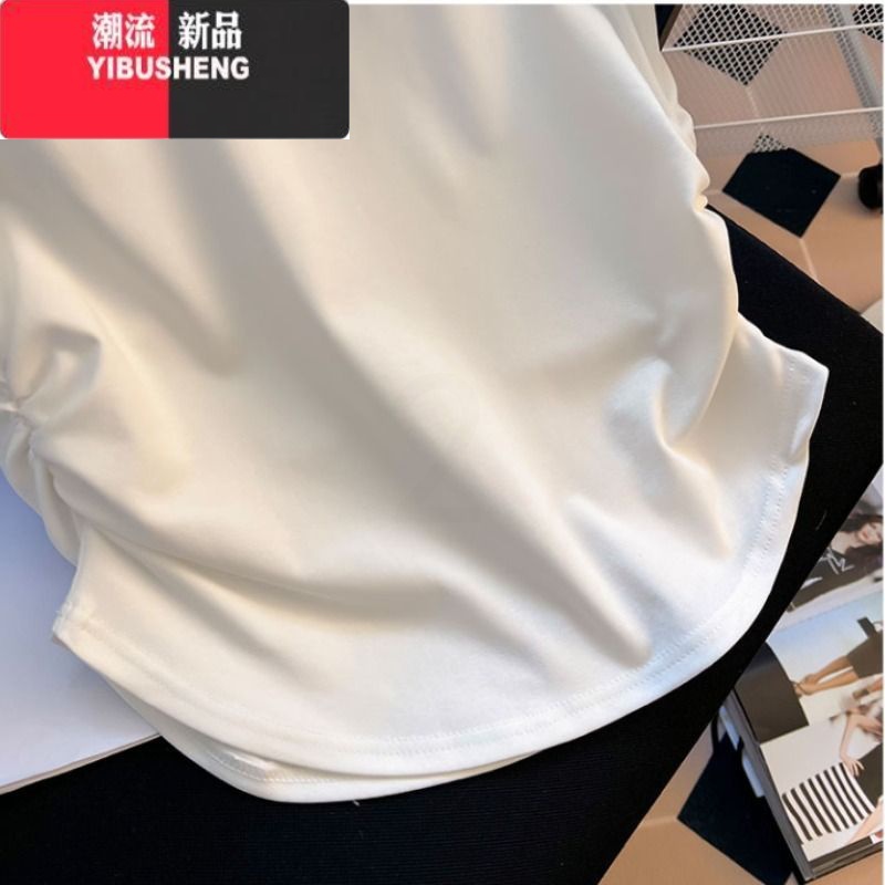 YIBUSHENG白色正肩纯欲风短袖t恤女季新款褶皱收腰设计弧形下摆短款上衣高清大图