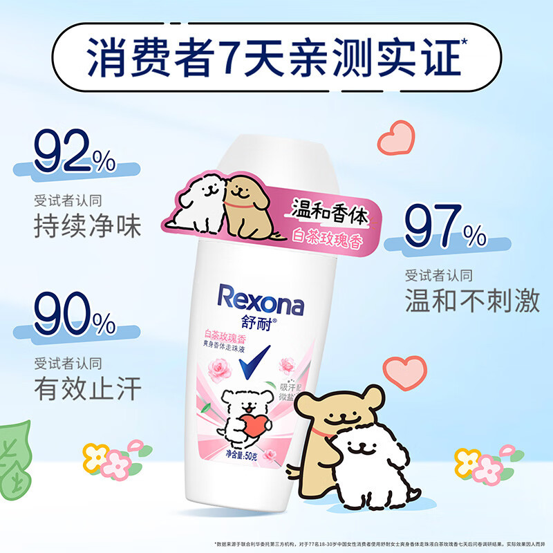 舒耐女士爽身香体止汗走珠液白茶玫瑰香50g 长效干爽净味高清大图