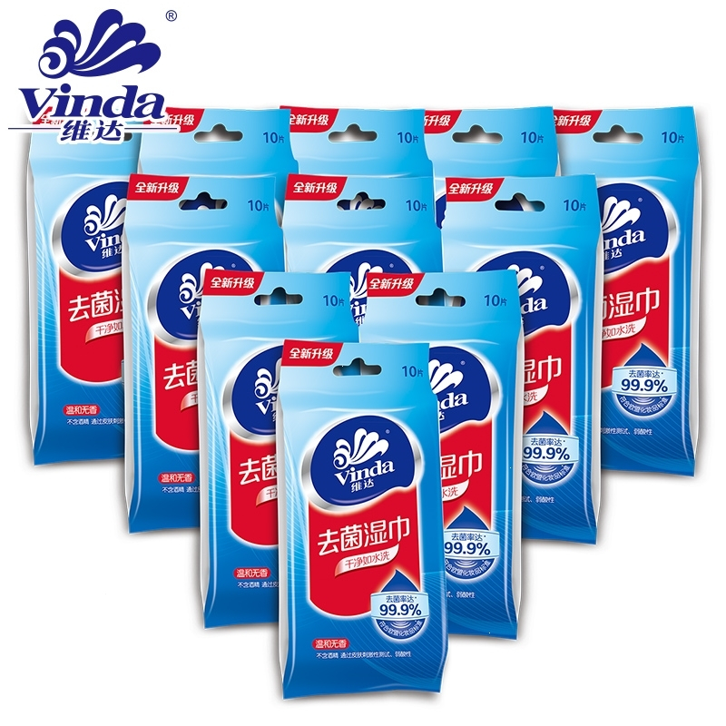 维达(Vinda)湿纸巾10包100片卫生湿巾成人湿巾纸便携式包装清洁