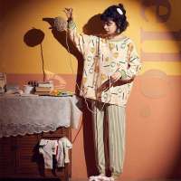 睡衣女春秋长袖两件套韩版可爱学生ins可外穿秋季七分裤家居服夏 8006 XL[建议115-135斤]