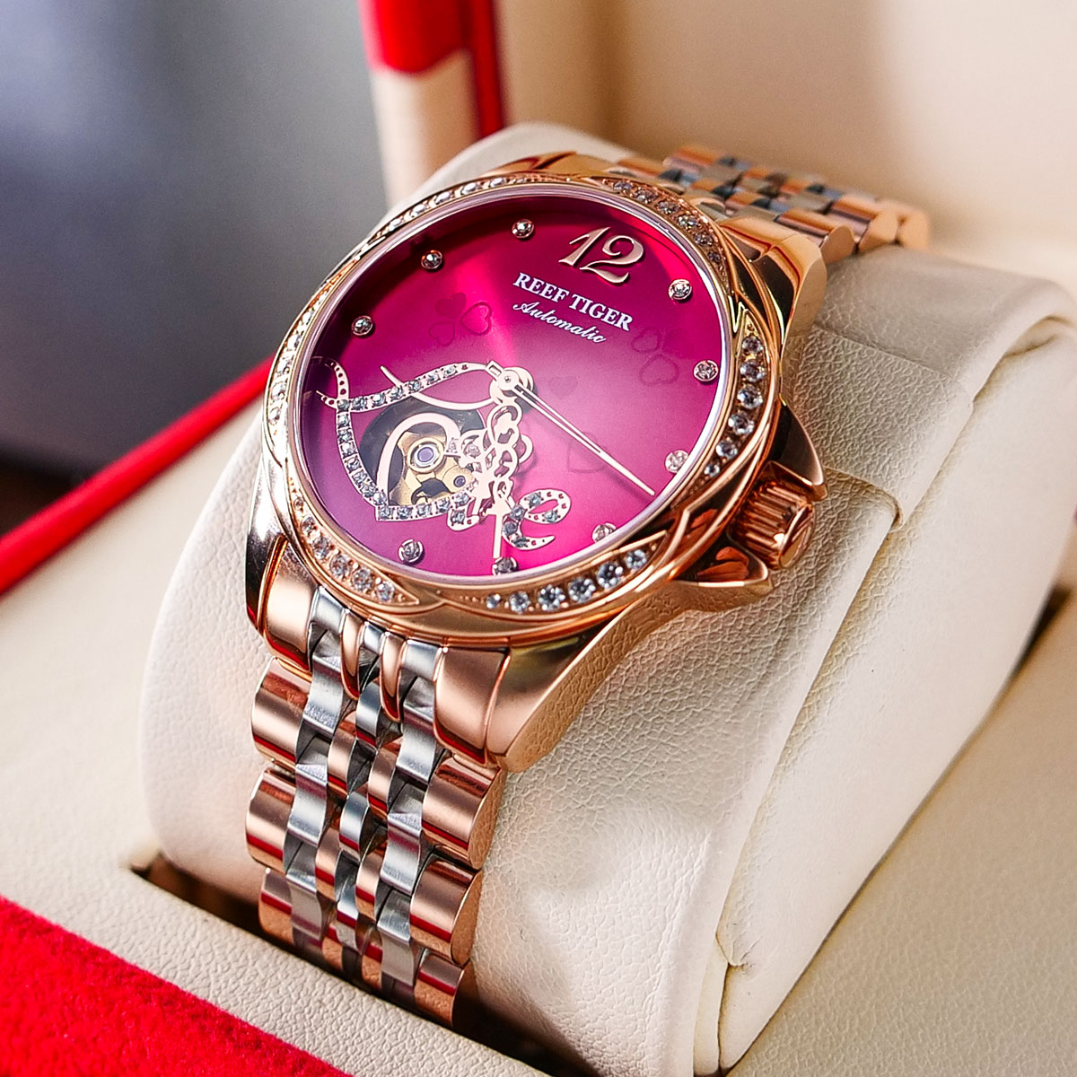 瑞夫泰格(reef tiger)品牌手表全自动机械表女表进口机芯镶钻镂空女士精钢带花瓣设计个性时尚防水潮流腕表1583 玫金红面钢带