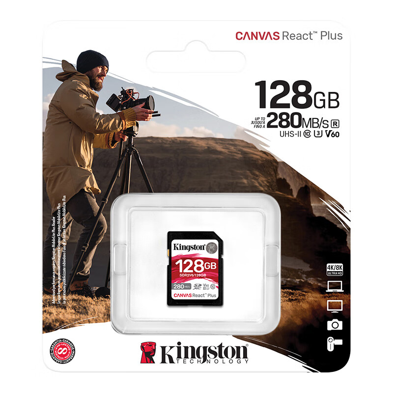 金士顿(Kingston)128GB SD存储卡 U3 V60 4K 数码相机内存卡 读280MB/s写100MB/s高清大图