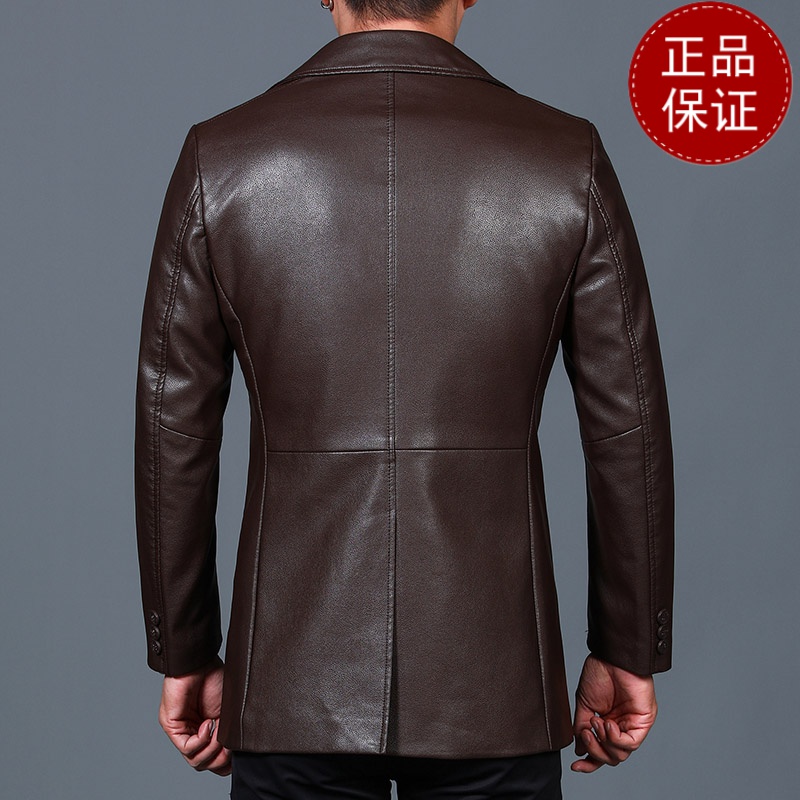 免费试穿 春秋装防水皮风衣男外套时尚西装领短款大衣后中开叉修身中长款皮衣2024冬装新款外套潮海宁软皮夹克大码男装高清大图
