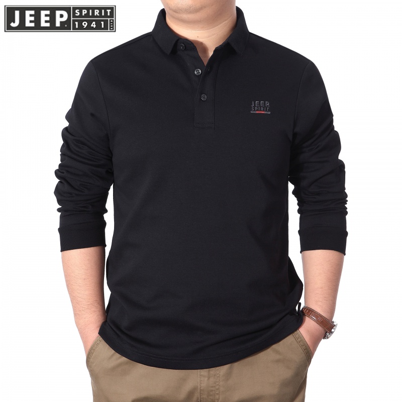 JEEP吉普长袖套头POLO衫宽松秋季纯色男装商务休闲T恤翻领 黑色 L