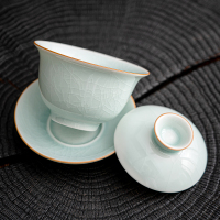 苏氏陶瓷(SUSHI CERAMICS)汝窑卵青 三才盖碗开片可养金线初放功夫茶具泡茶碗