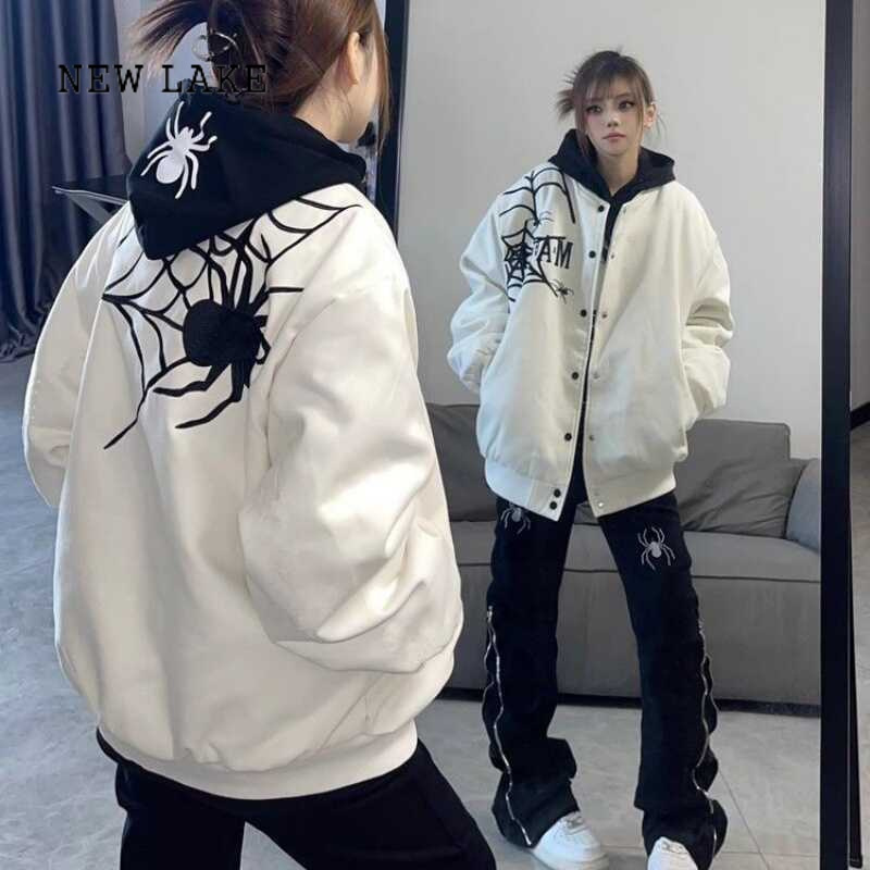 NEW LAKE潮牌刺绣蜘蛛夹克棒球服女2024春秋高街oversize宽松学生上衣外套