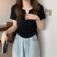 设计感V领抽绳修身纯欲风短袖T恤女装夏季新款纯色学生上衣潮 XL 黑色