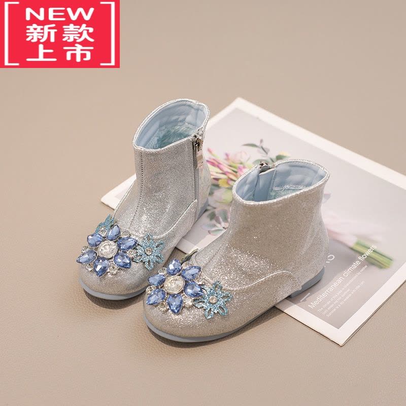 可莉允女童靴子加绒短靴儿童爱莎公主靴软底水晶鞋2022秋冬新款宝宝皮靴图片