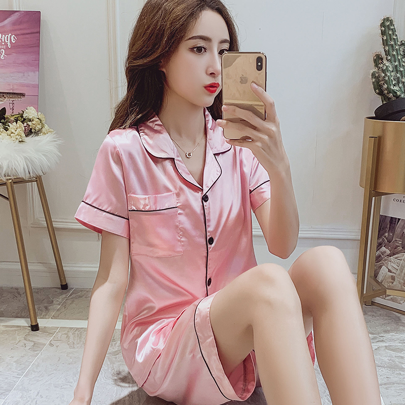 suntek睡衣女夏短袖冰丝性感夏天女人薄款大码家居服两件套冰丝短裤